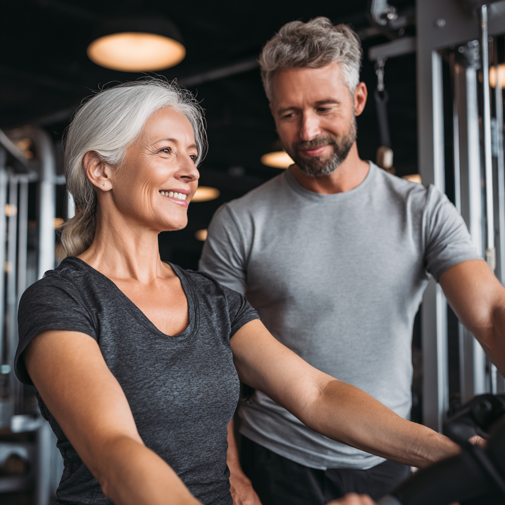 Experienced fitness trainer working with middle-aged client in modern gym environment