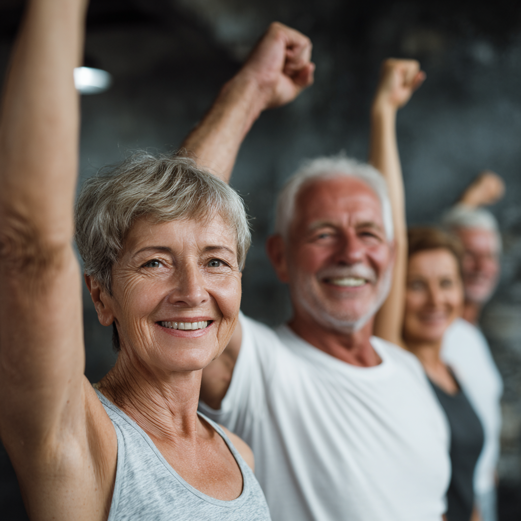 Group of white ukranian mature adults celebrating fitness achievements together in welcoming gym environment
